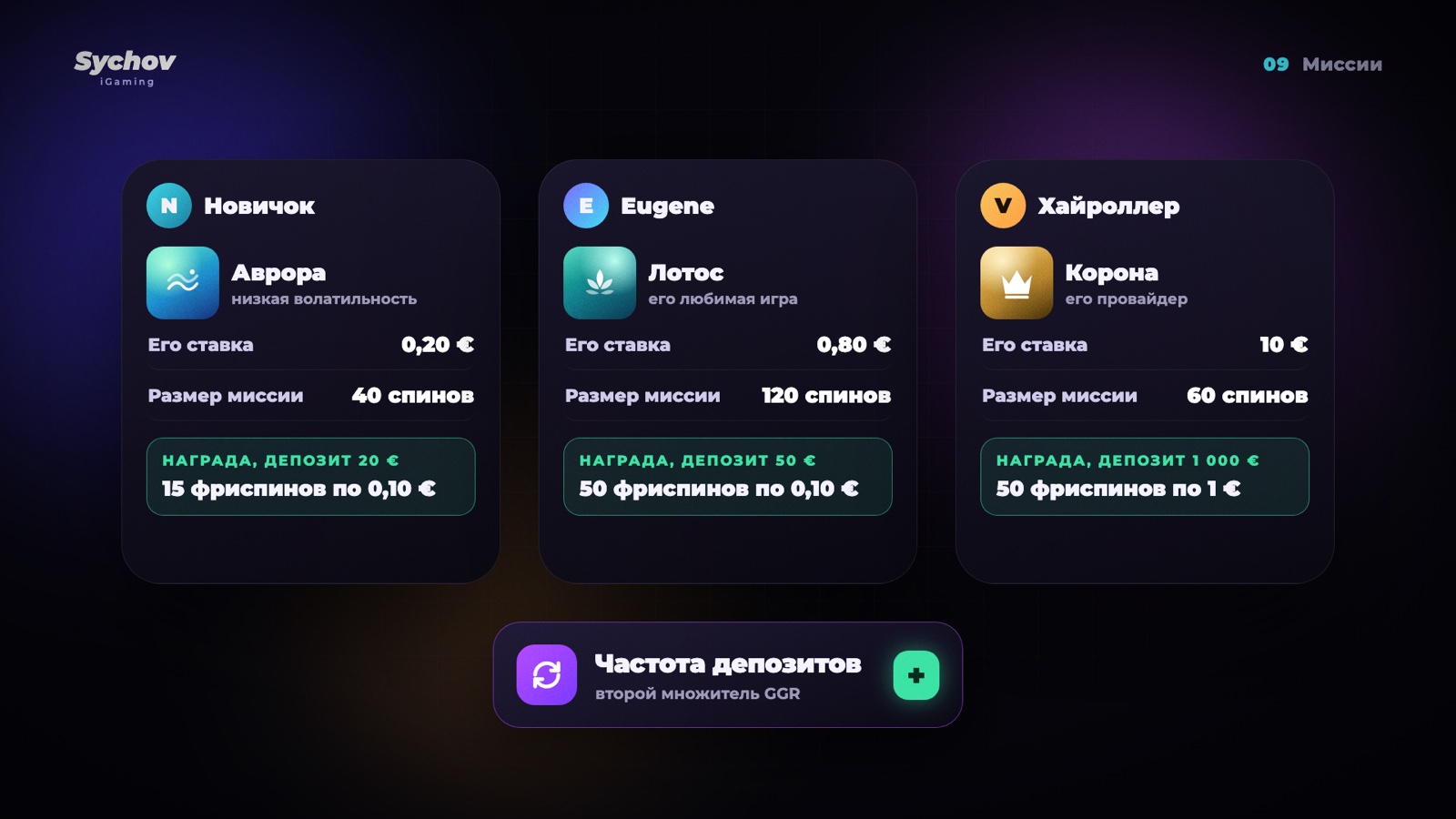 Три персональные миссии для новичка, обычного игрока и хайроллера